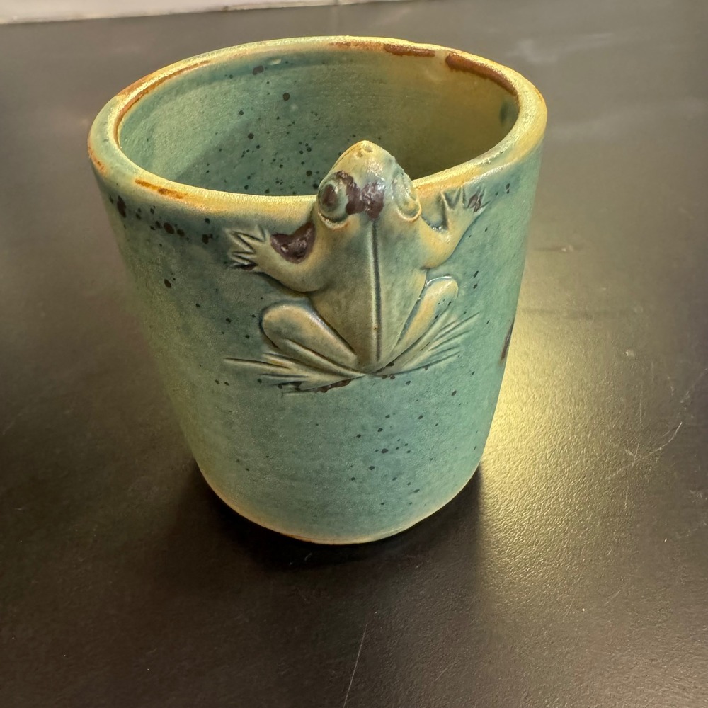 Studio Pottery Frog Mug Small Sage Green 3D Relief Rustic Ceramic Cup